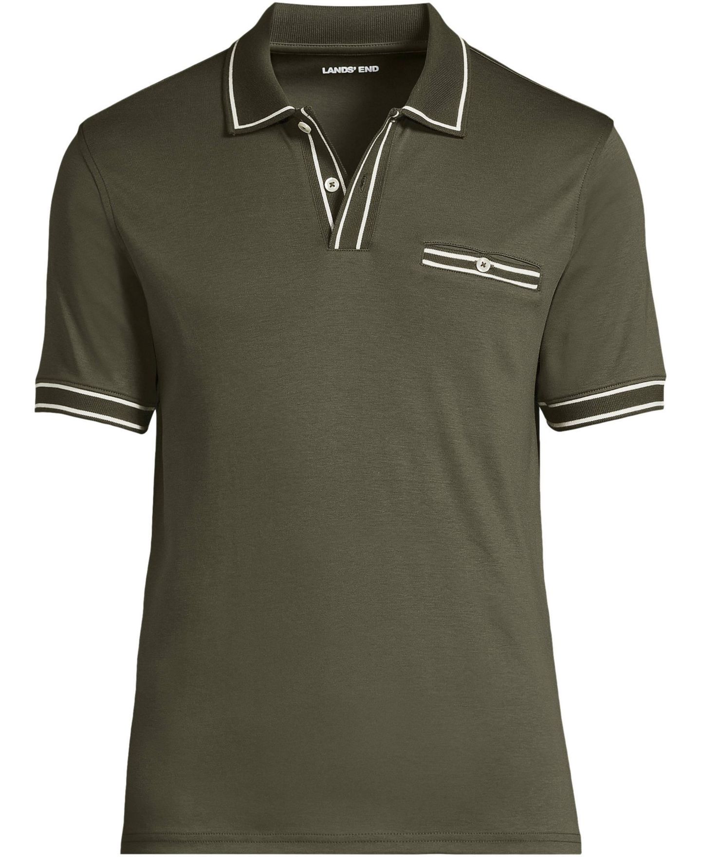 Мужское поло Lands' End Short Sleeve Tipped Welt Pocket Performance Supima Polo, цвет: Тёмно-зелёный мох — фото 3