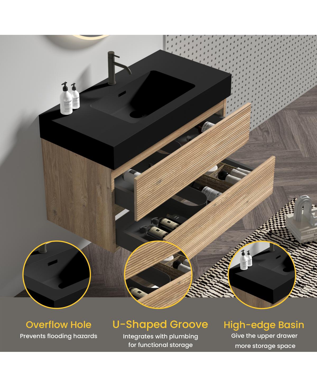 Sillysis Mid-Century Modern Bathroom Vanity with Double Drawers, Quartz Basin