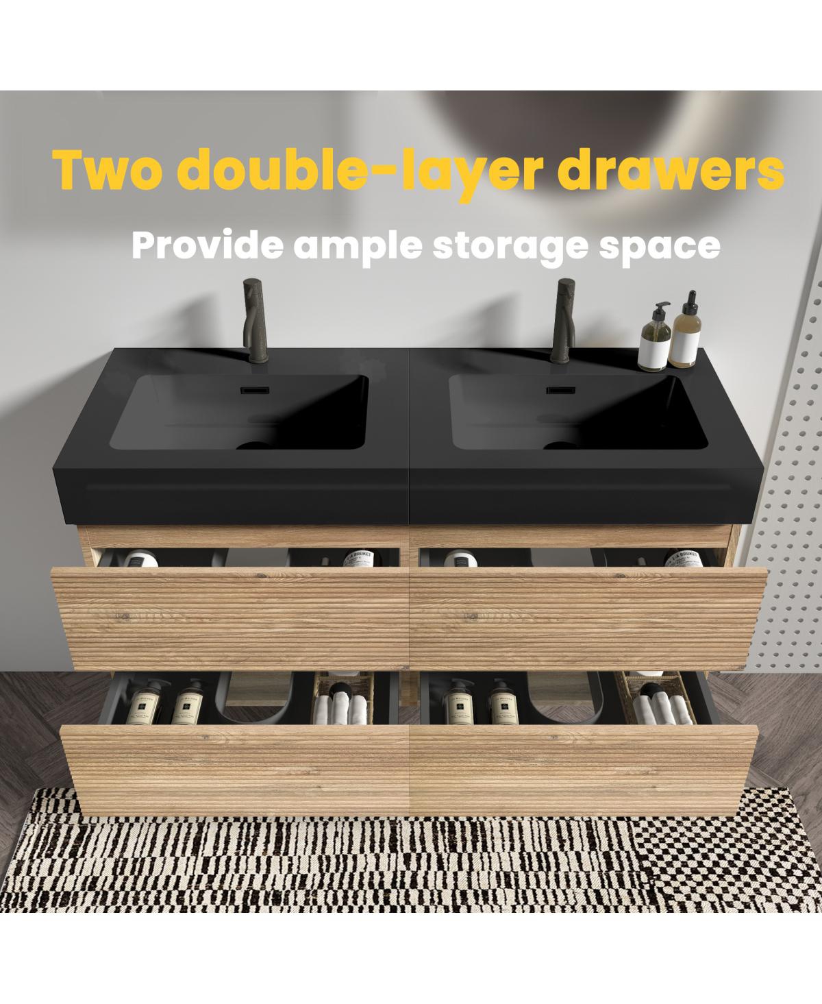 Sillysis Mid-Century Modern Bathroom Vanity with Double Drawers, Quartz Basin