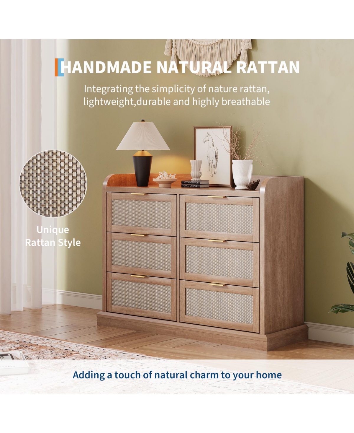 gaomon Farmhouse 6 Drawer Dresser for Bedroom, Rattan Chest of Drawers Tv Stand with Gold Handles.