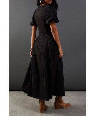 Women's Seersucker Puff Sleeve Midi Dress