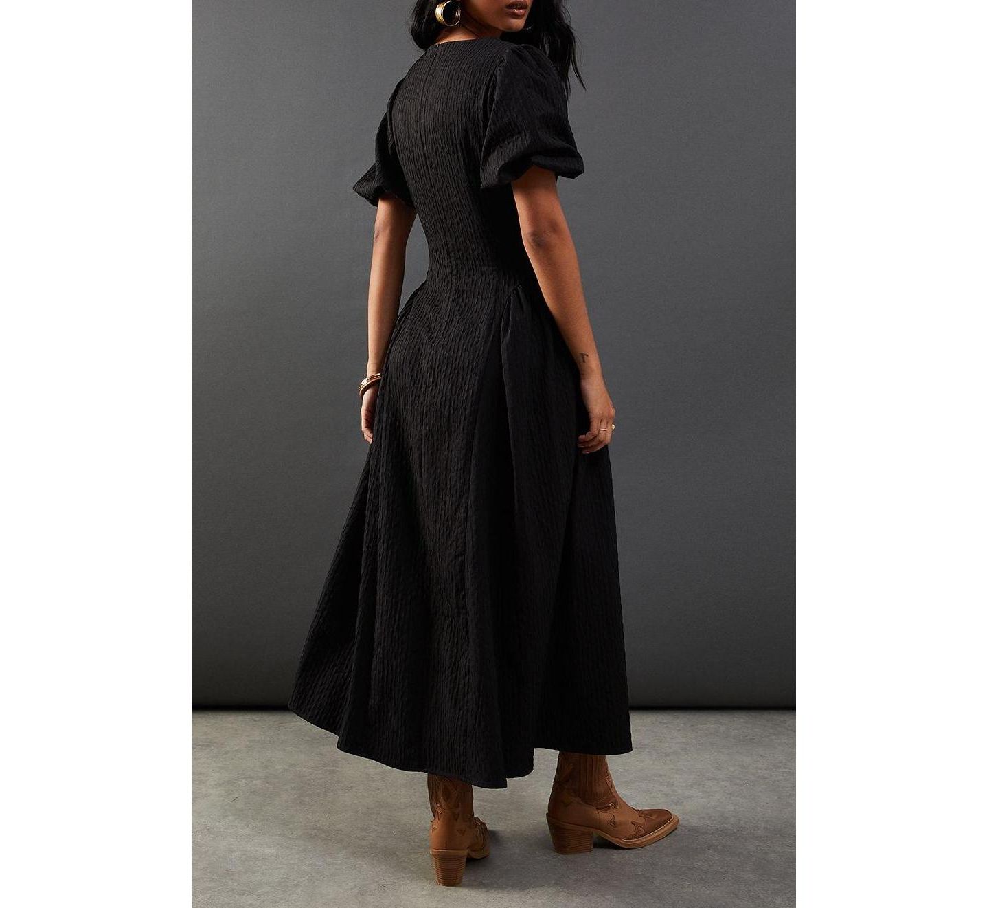 Женское платье Warehouse Seersucker Puff Sleeve Midi, цвет: Чёрный — фото 6