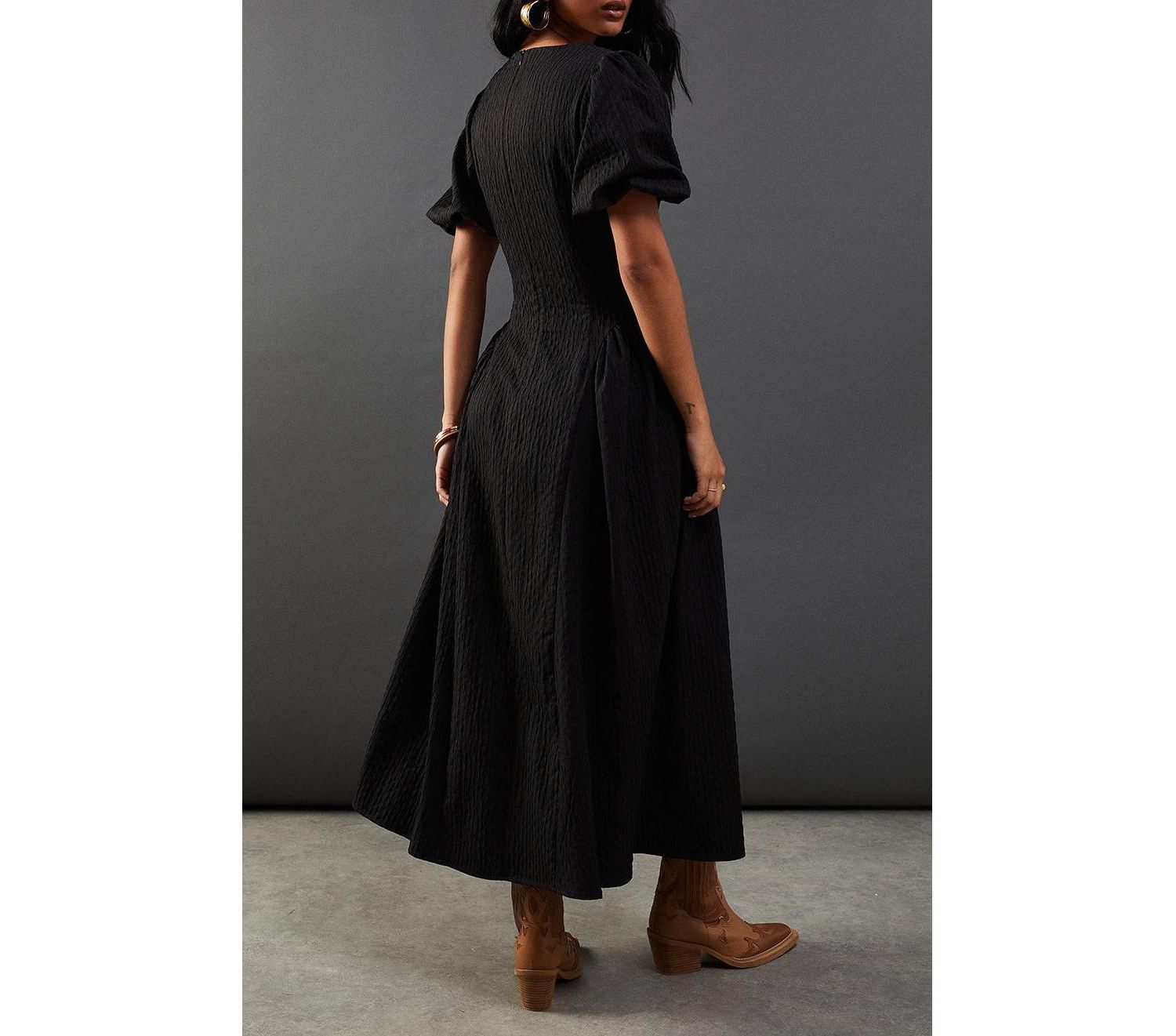 Women's Seersucker Puff Sleeve Midi Dress