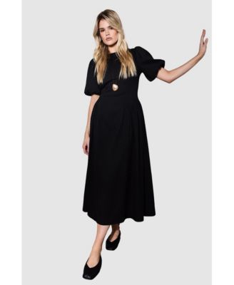 Women's Seersucker Puff Sleeve Midi Dress