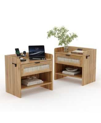 Home Set of 2 Engineered Wood Rattan Nightstands, Storage End Tables