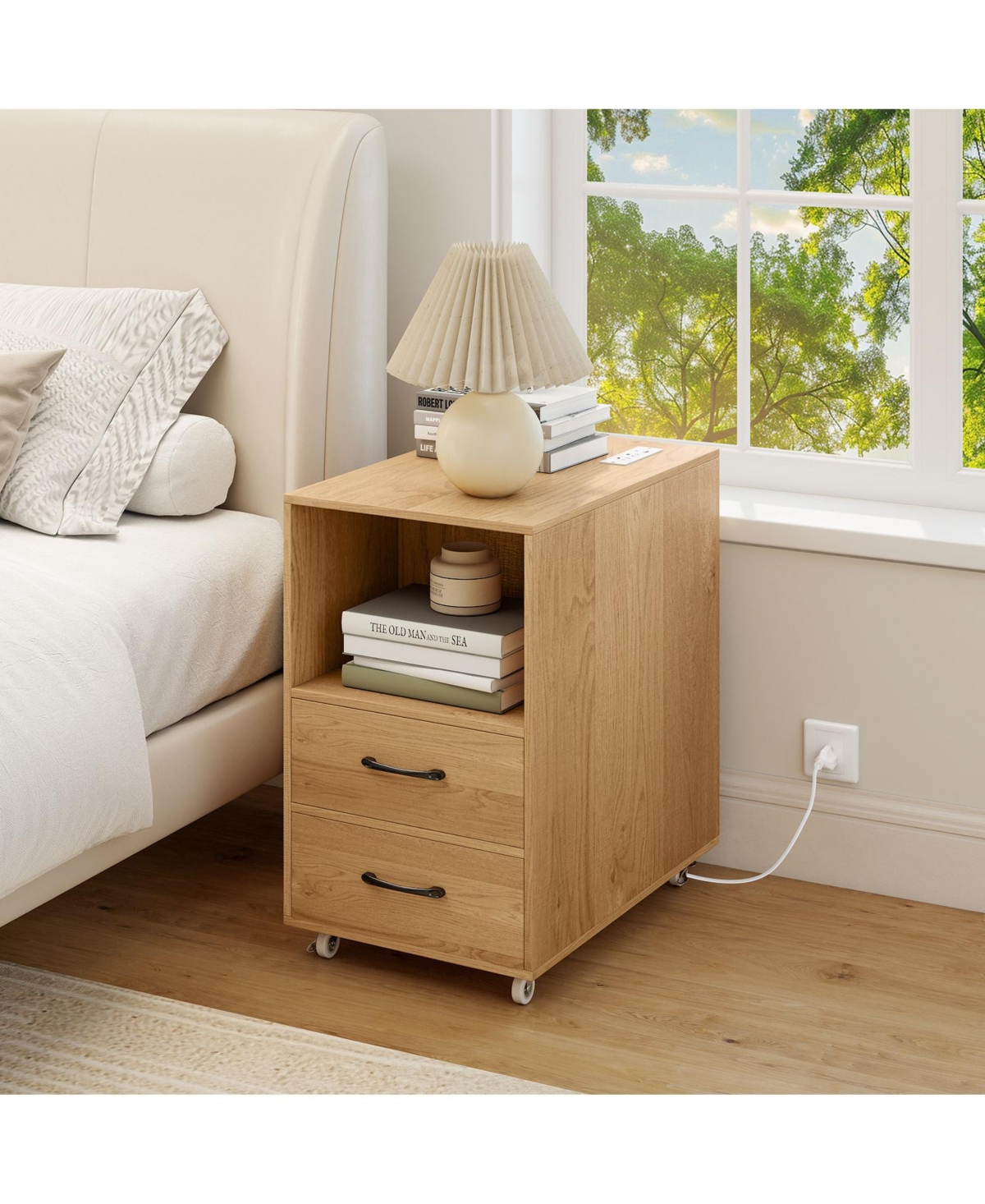Gymax End Table w/Built-in Charging Station Usb Ports and Outlets 2 Drawers 3 Shelves Natural