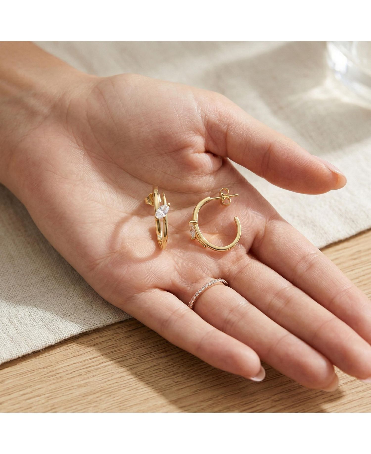 Sterling Silver 14K Gold Plated CZ Double Curve C-Hoop Earrings