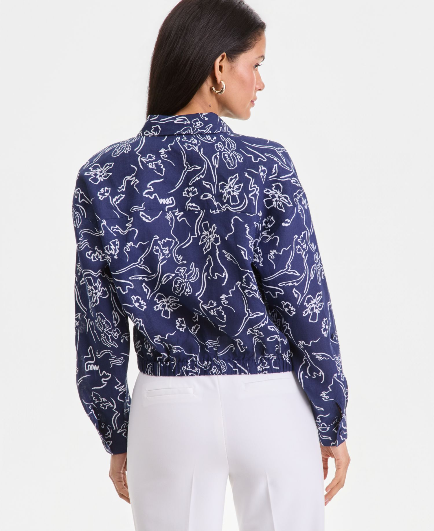 Women's Printed Ramie Button-Front Tie-Hem Shirt