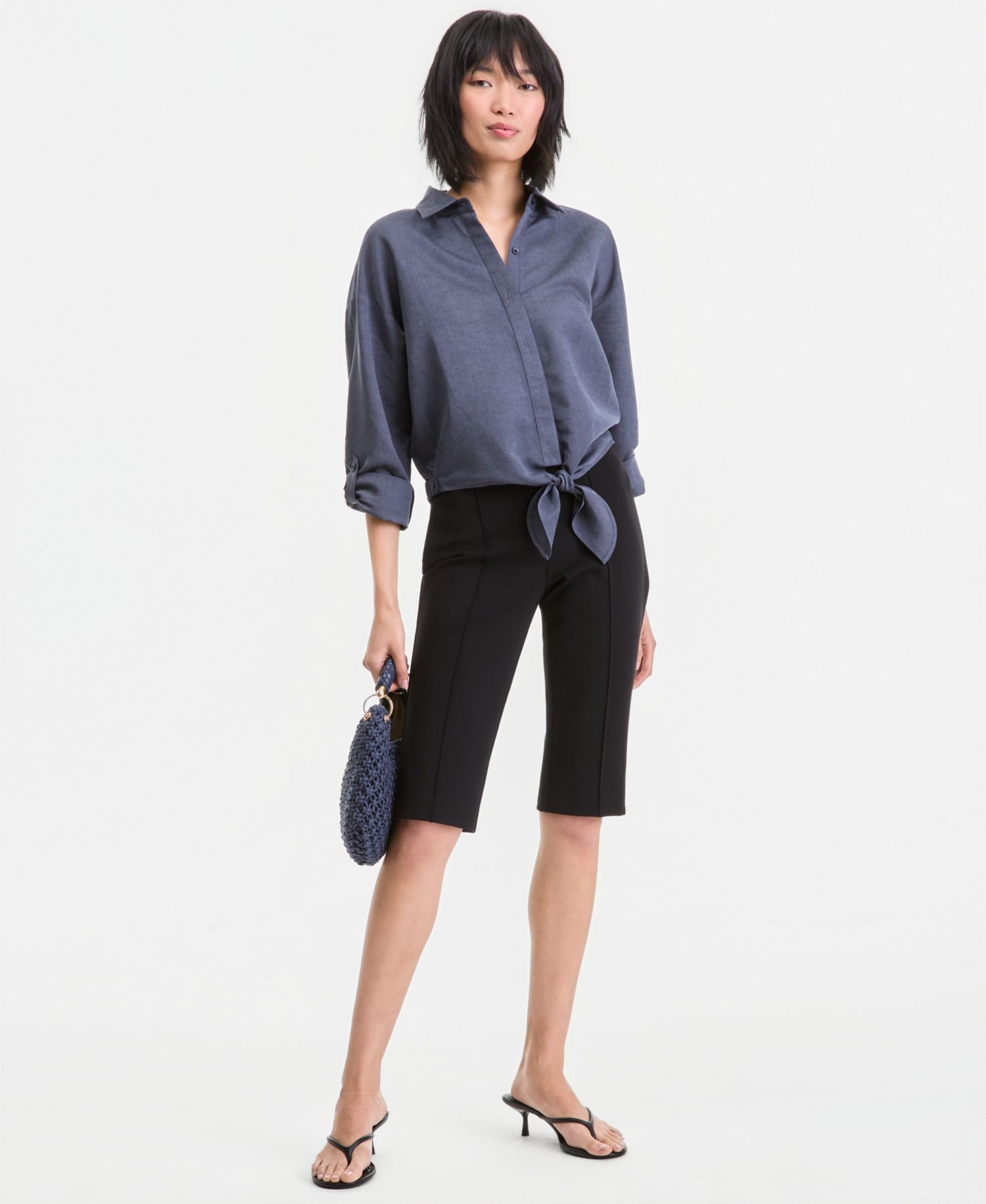 Women's Linen-Blend Button-Front Tie-Hem Shirt