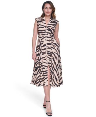 Women's Printed Zip-Front Smock Waist Midi Dress