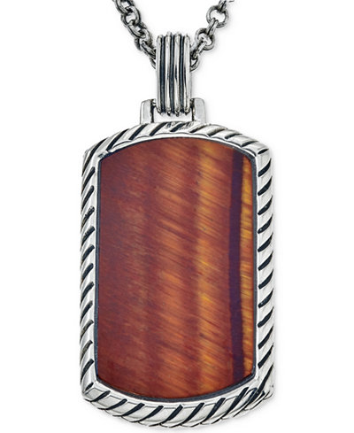 Esquire Men's Jewelry Red Tiger Eye (36 x 20mm) Dog Tag Pendant Necklace in Sterling Silver, Only at Macy's