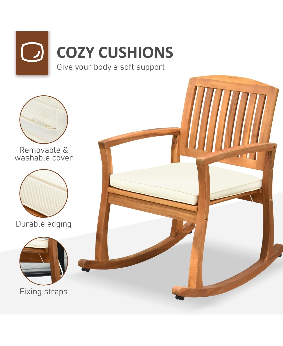 Outsunny Outdoor Rocking Chair with Cushion, Acacia Wood Patio Rocker for Backyard, Patio, Home, Teak Tone