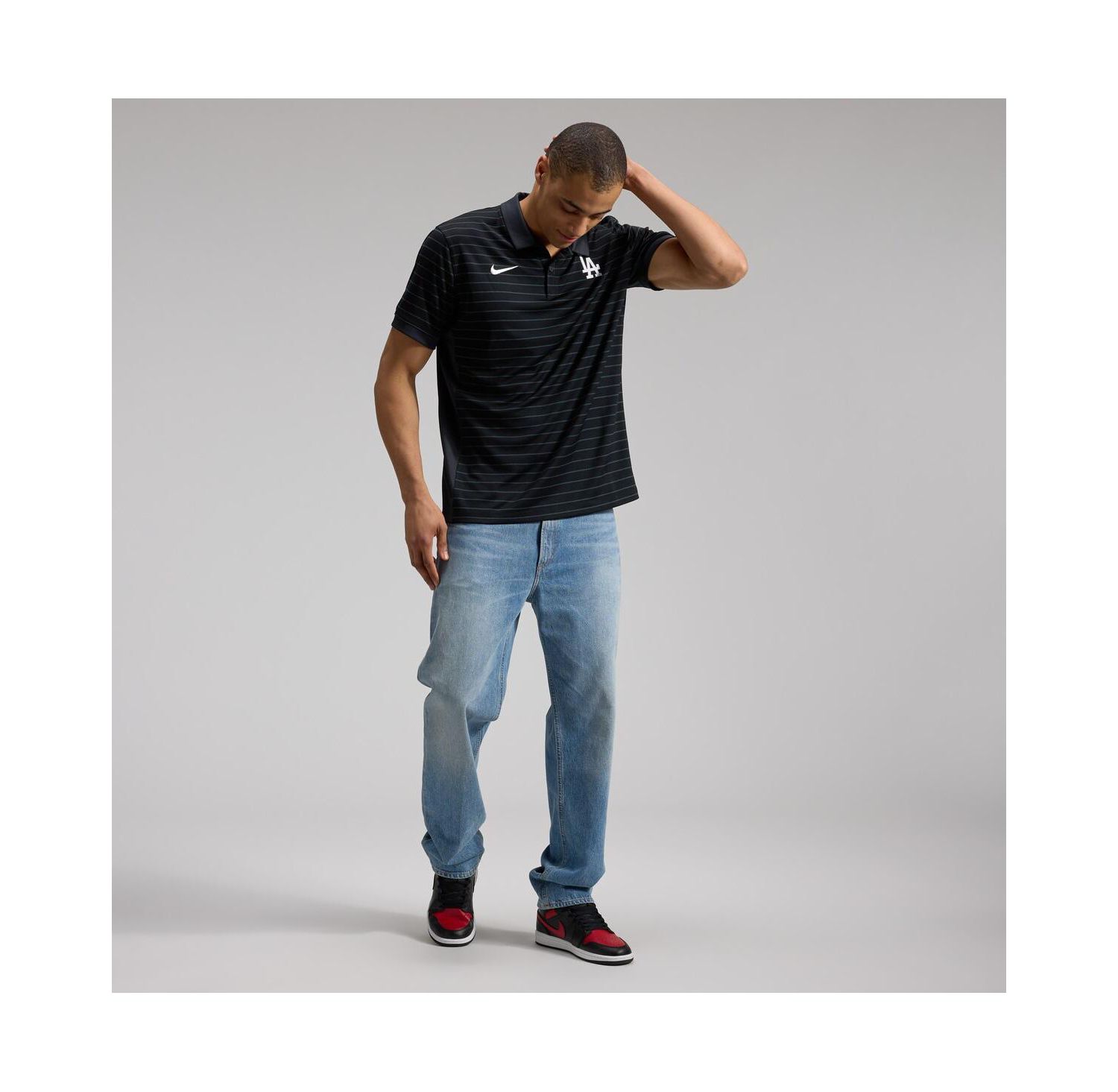Men's Black Los Angeles Dodgers Authentic Collection Striped Victory Dri-FIT Polo Shirt
