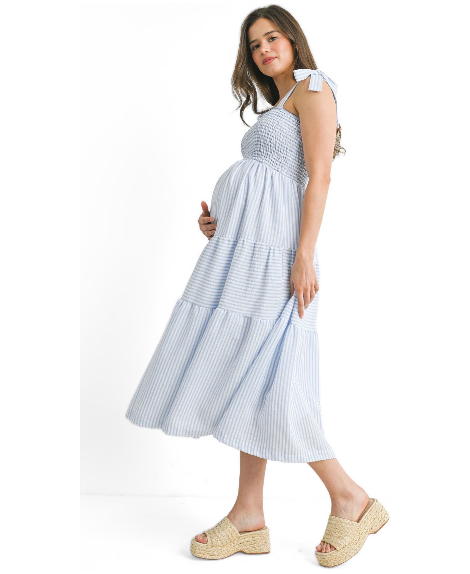 Women's Striped Smocked Empire Waist Sundress with Tie Straps
