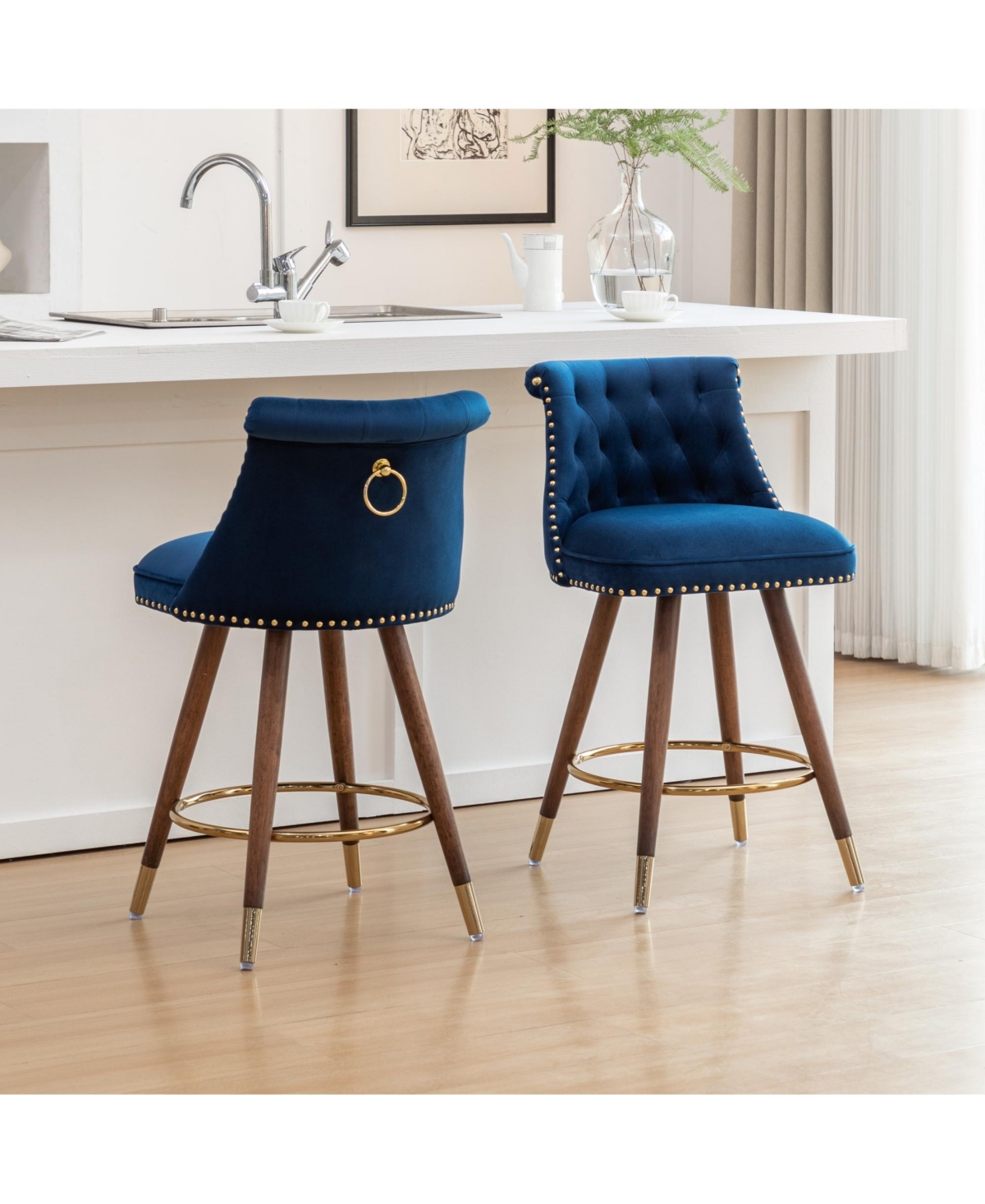 Rainsken Bar Stools Set of 2, Counter Height Chairs with Nailhead Trim, Button-Tufted, Bentwood Legs and Pull Ring for Kitchen Island, Home Pub