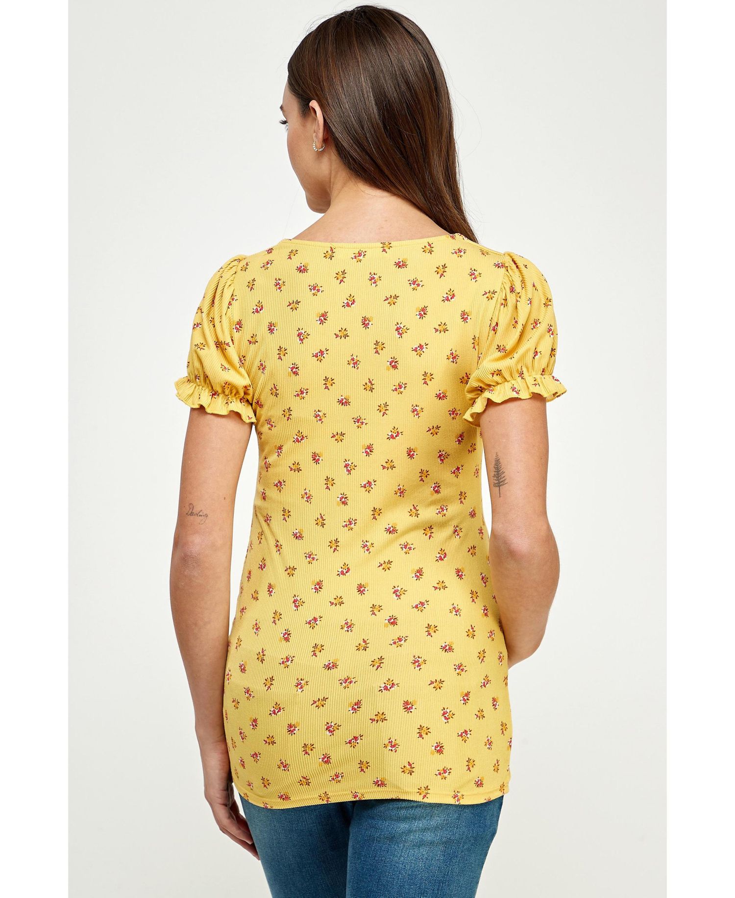 Maternity Ribbed Floral Ruched Front Puff Sleeve Top