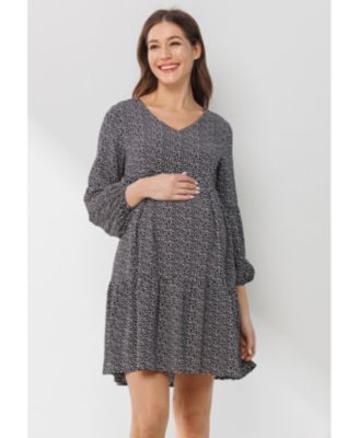 Maternity Printed Empire Waist Tiered Dress with Side Pockets