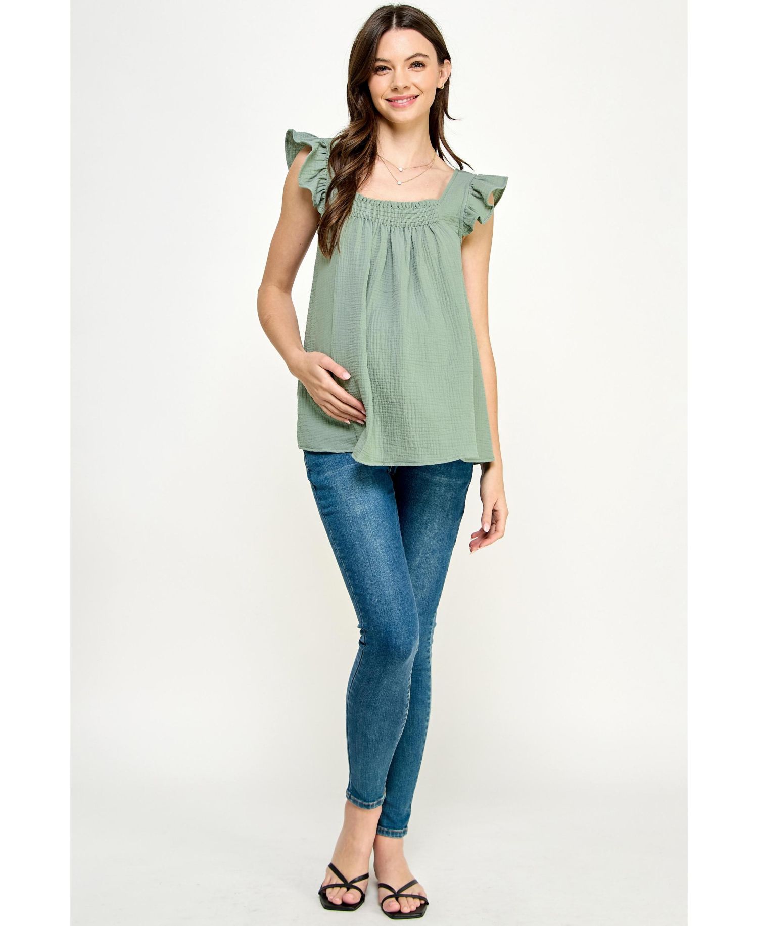 Women's Maternity Cotton Smocked Flutter Sleeve Blouse
