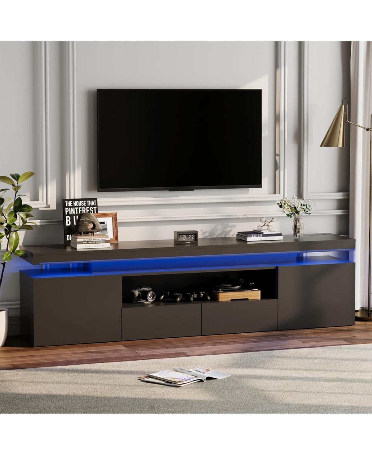 gaomon Led Tv Stand for 75/80/85 Inch Tv, Modern High Gloss Entertainment Center with Power Outlets, Rgb Lights and Glass Storage Shelves