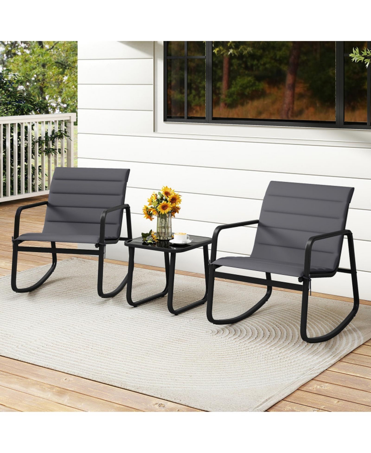 Gouun 3-Piece Outdoor Rocking Bistro Set with Tempered Glass Table