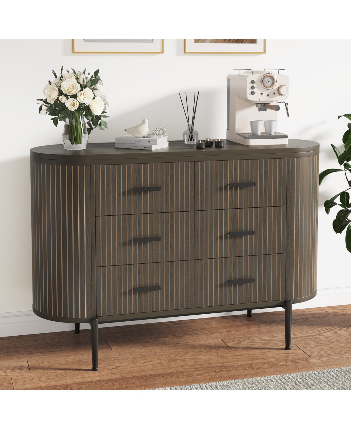 gaomon 47" Wide Mid Century Fluted 6 Drawer Dresser for Bedroom, Wood Chest of Drawers Tv Stand. - Brown