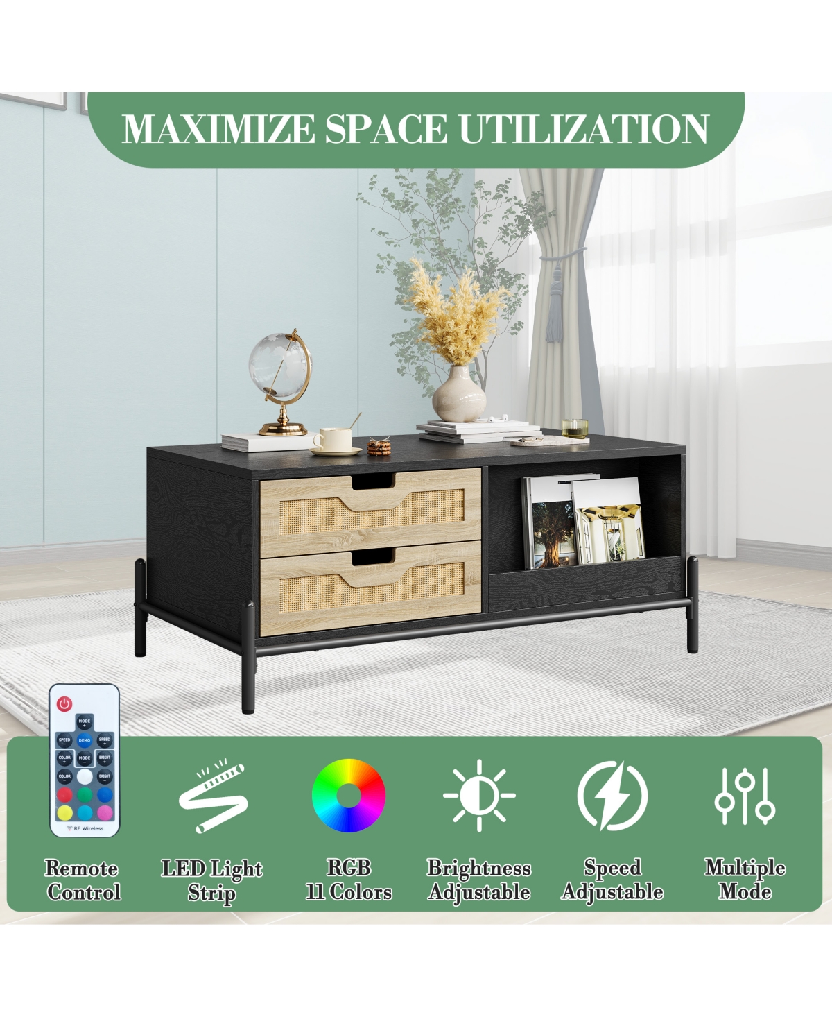 Homfan Coffee Table for Living Room, Modern Rattan Table with 4 Drawers and 2 Compartments, Wooden Table with Led Lights, Rectangle Table for Office