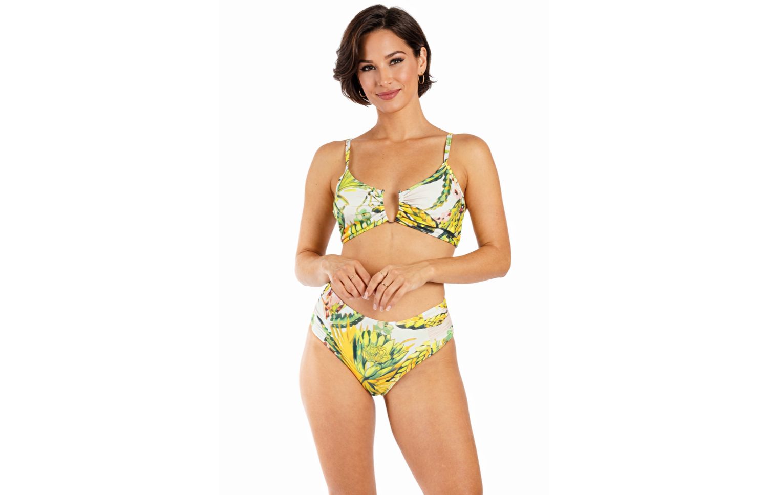 Women's Club Moda Tropical Floral Bikini Set - V-Neck Top and High-Waisted Bottom Luxury Resort Swimwear
