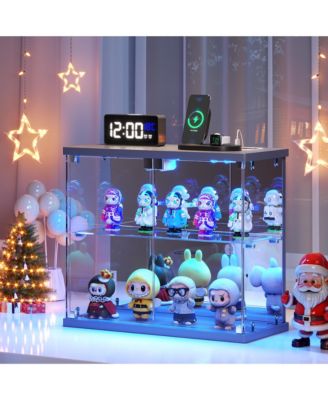 LED Lighted 2-Tier Glass Display Case with Charging Station and Motion Sensor, Desktop Storage Organizer for Figures, Models and Perfume