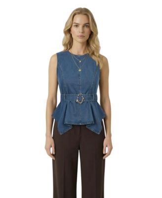Women's Belted Denim Peplum Top