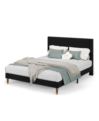 upholstered platform bed with headboard, modern low profile design, sturdy metal frame, wood slats, noise free, no box spring, easy assembly.