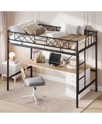 Metal Loft Bed Frame with Arched Guardrail, Ladder and Underbed Space, Box Spring Not Required