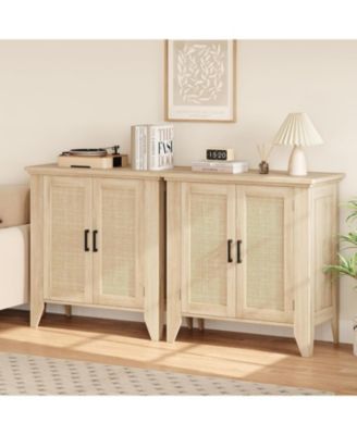 Small Storage Cabinet with Rattan Doors, Boho Sideboard Buffet Cabinet with 2 Doors and Adjustable Shelf