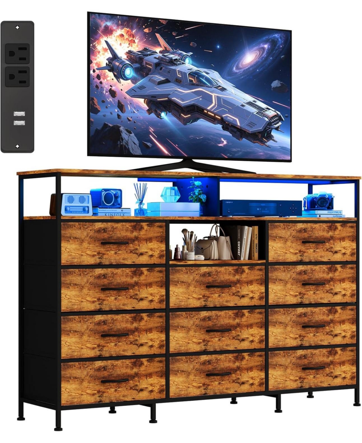 gaomon Dresser for Bedroom with 11 Fabric Drawers, Featuring Power Outlet and Led Lights, Wooden Top
