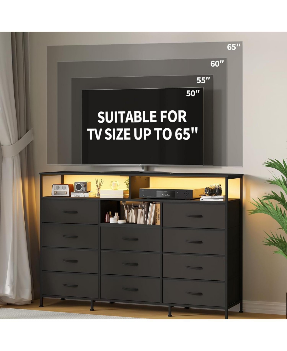 gaomon Dresser for Bedroom with 11 Fabric Drawers, Featuring Power Outlet and Led Lights, Wooden Top