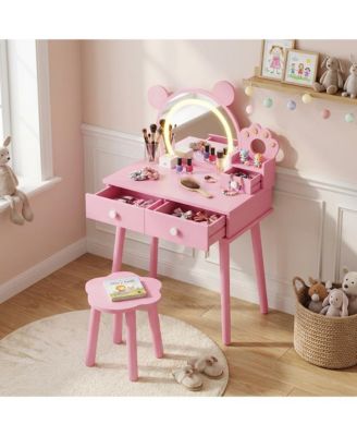 Bear-Shaped Lighted Mirror Kids Vanity Table and Chair Set - Wooden Princess Makeup Desk with Stool, Storage Drawers