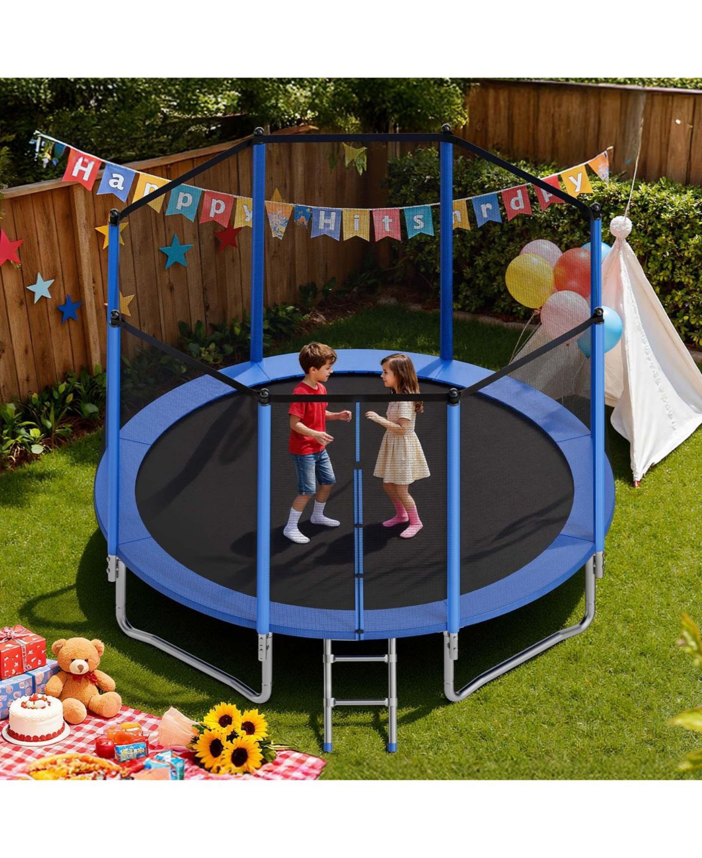 Детская игрушка Mecale 12 FT Outdoor Trampoline with Enclosure Net 400 lbs Capacity, цвет: Синий — фото 2