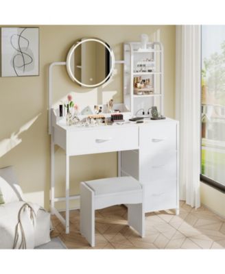 Modern Vanity Desk with LED Mirror, Adjustable Lights, Fabric Drawers, Power Outlet and Storage Shelves for Bedroom