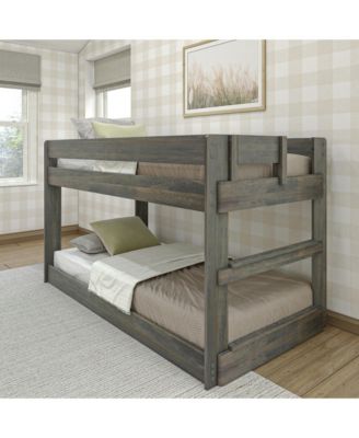 Twin over Twin Low Bunk Bed, Modern Farmhouse Solid Wood Bunk Beds for Kids, Driftwood