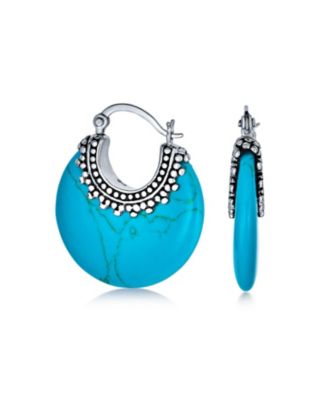 Lapis Turquoise Onyx Round Half Crescent Hoop Earrings Milgrain Sterling Silver Setting