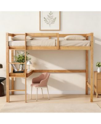 High Loft Bed, Rubber Wood Loft Bed with Safety Guardrail, Built-in Desk and Ladder