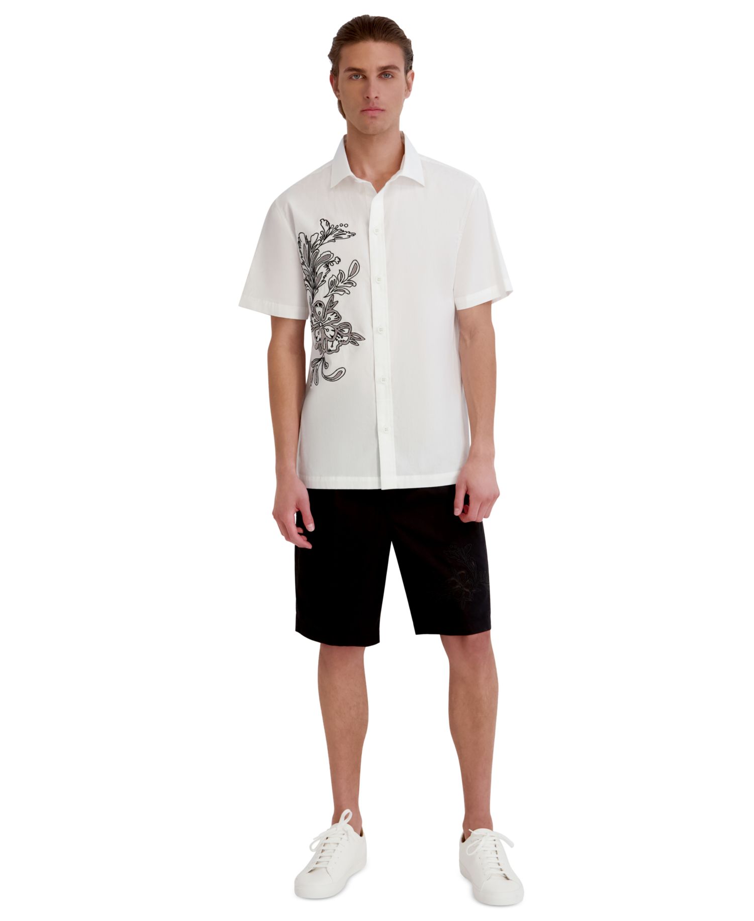Men's Laser Cut Embroidered Flower Woven Shirt