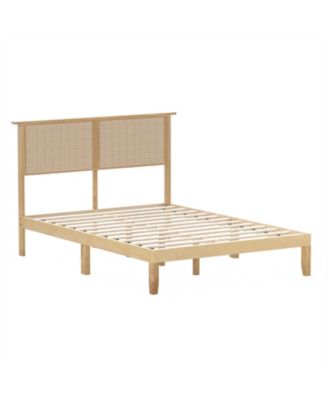 Bed Frame with Rattan Headboard, Sturdy Platform Bed for Bedroom