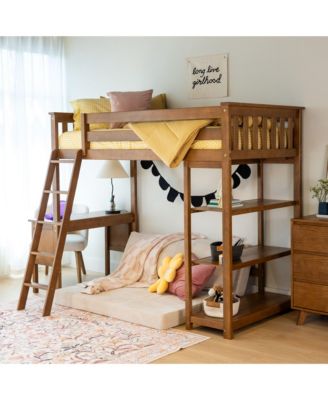 Loft Bed, Solid Wood High Loft Bed with Bookcase and Desk for Kids