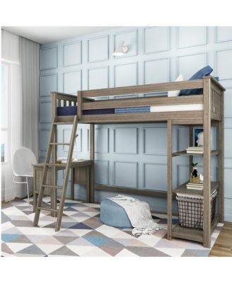 Loft Bed, Solid Wood High Loft Bed with Bookcase and Desk for Kids
