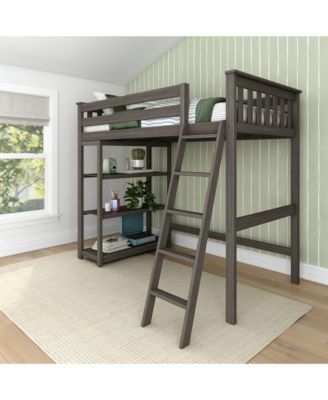 Solid Wood High Loft Bed,Twin Bed Frame For Kids With Bookcase and Ladder