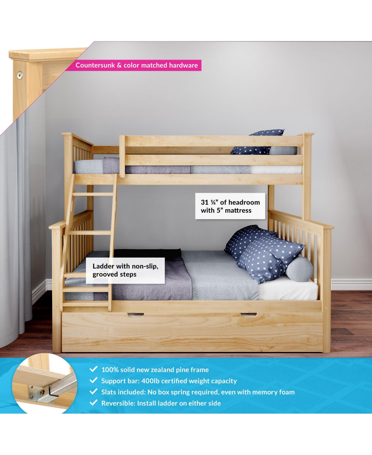Max & Lily Solid Wood Bunk Bed, Twin over Full with Storage Trundle and Ladder for Kids
