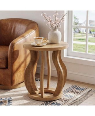 Round End Side Table: Farmhouse Wooden Side Table for Living Room, Bedside Nightstand with Curved Frame, Accent Nightstand
