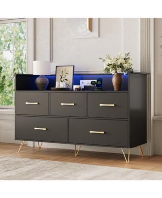 47" 5 Drawer Dresser with LED Lights and Charging Station, Wood Storage Cabinet for Bedroom