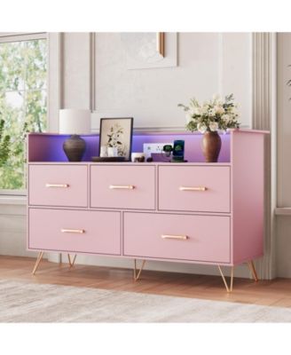 47" 5 Drawer Dresser with LED Lights and Charging Station, Wood Storage Cabinet for Bedroom
