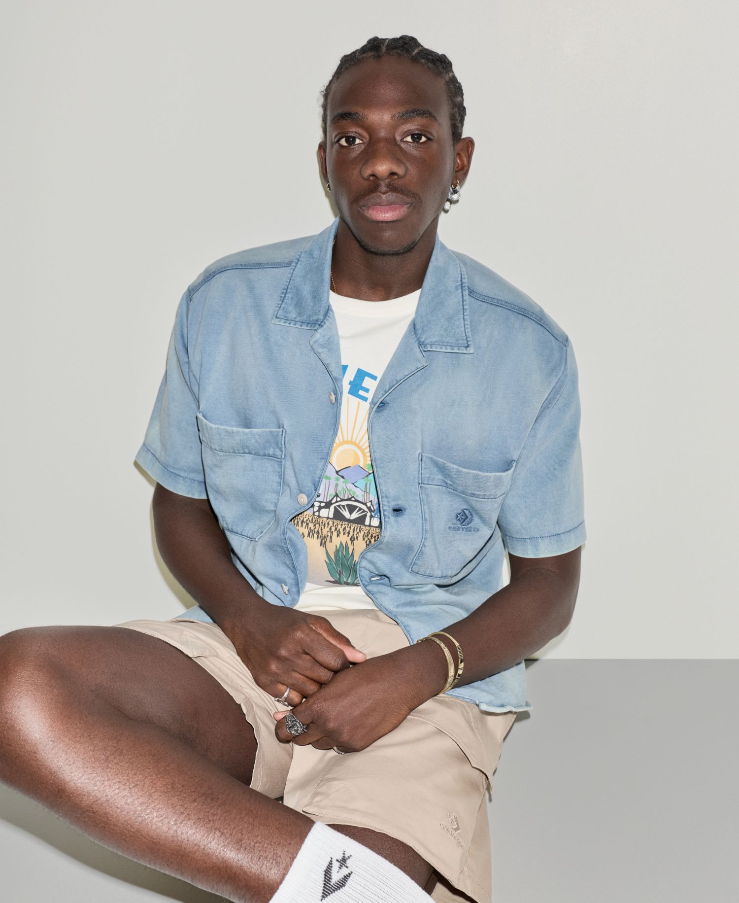 Men's Jersey Denim Short-Sleeve Collared Shirt